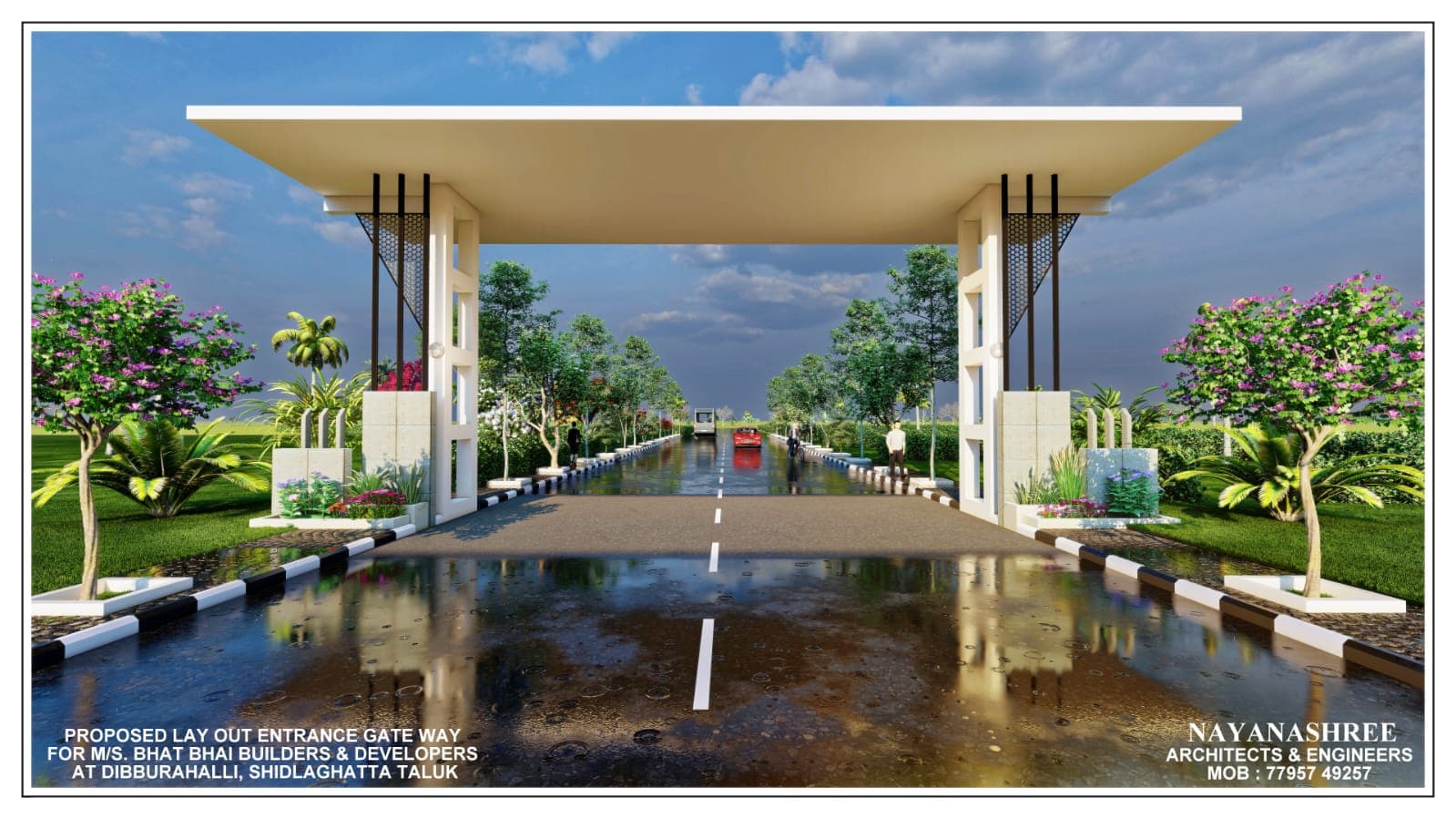 Gated community entrance and township layout built by Bhat Bhai Builders