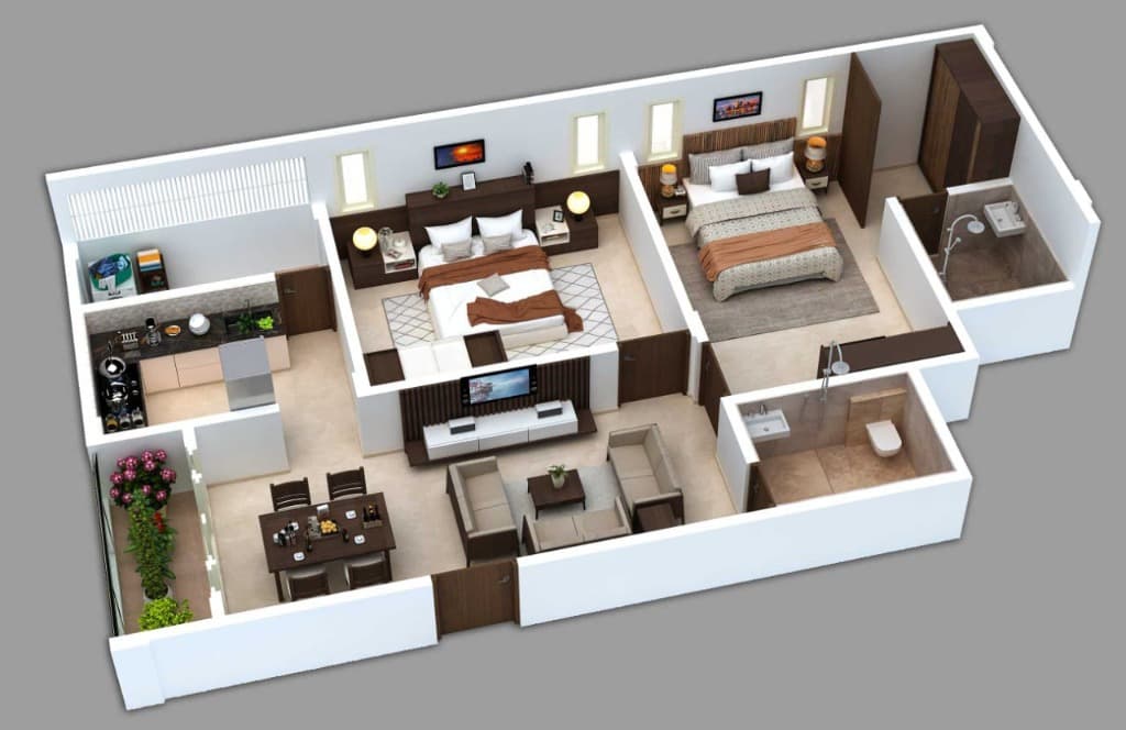 2 BHK North-Facing Architectural 3D Cutaway