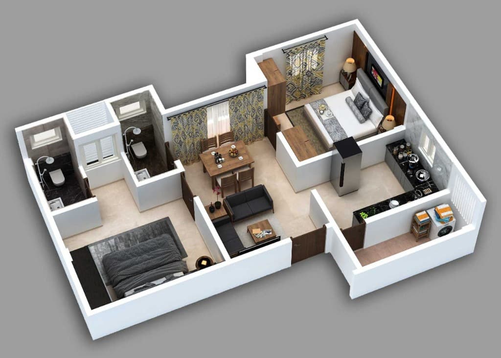 2 BHK South-Facing Architectural 3D Cutaway