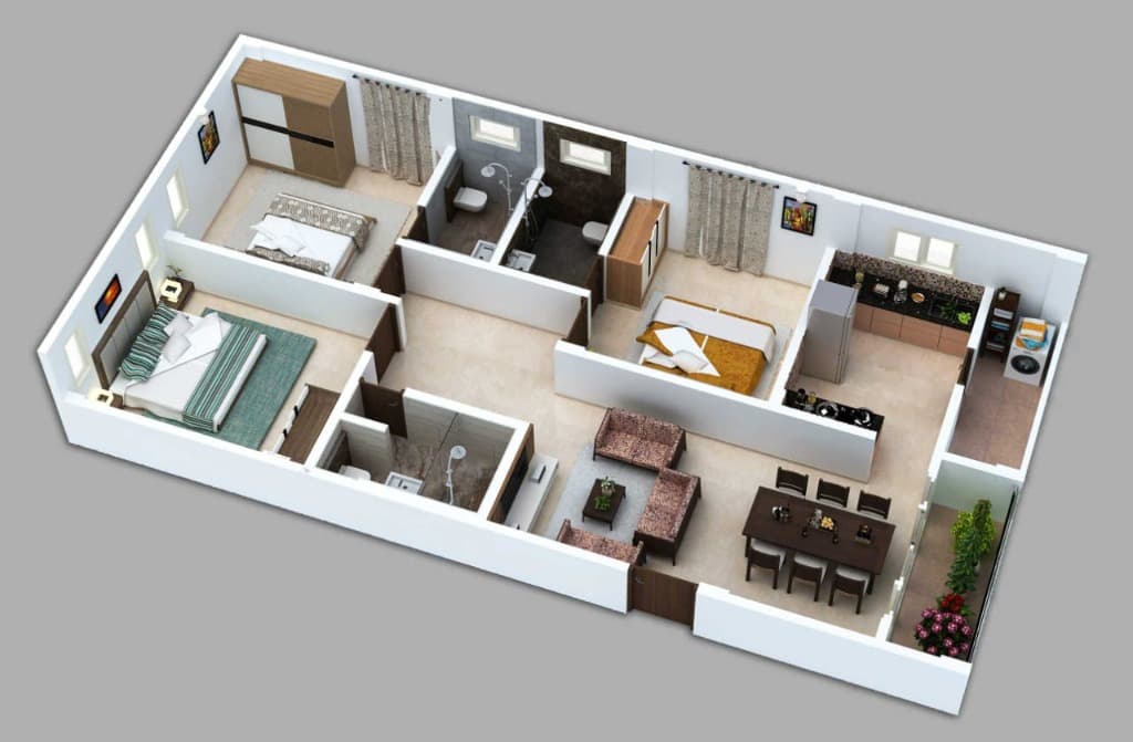 3 BHK Architectural 3D Cutaway Blueprint