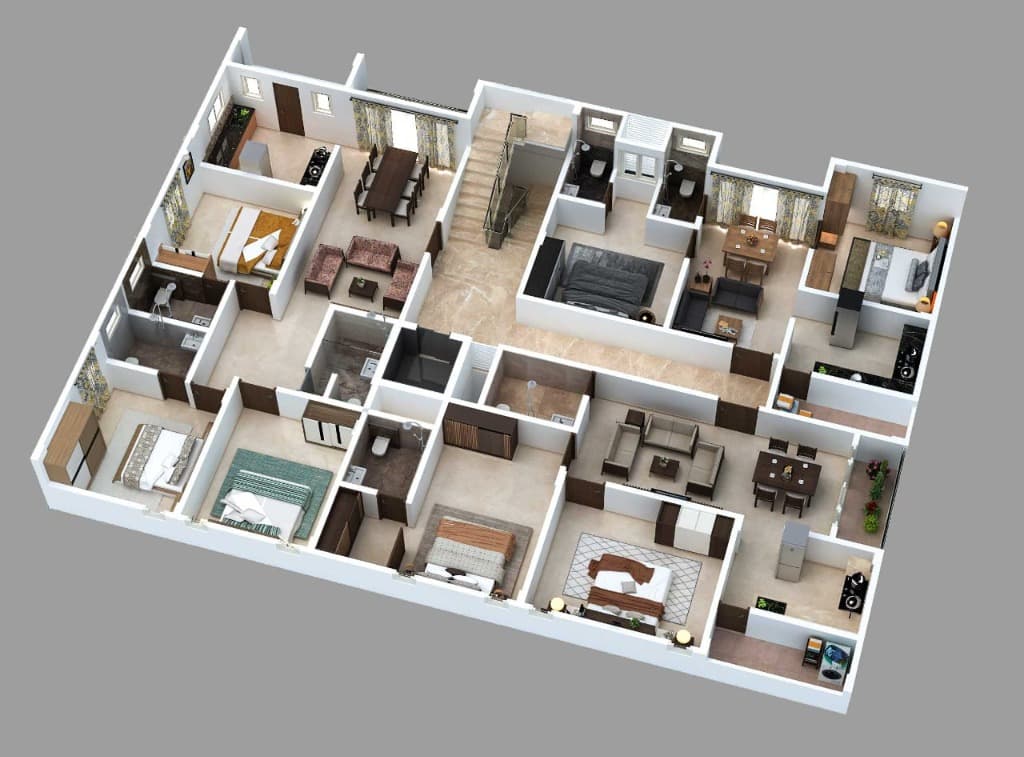 Navami Typical Floor Plan 3D isometric cutaway with all 3 flats, staircase and elevator core